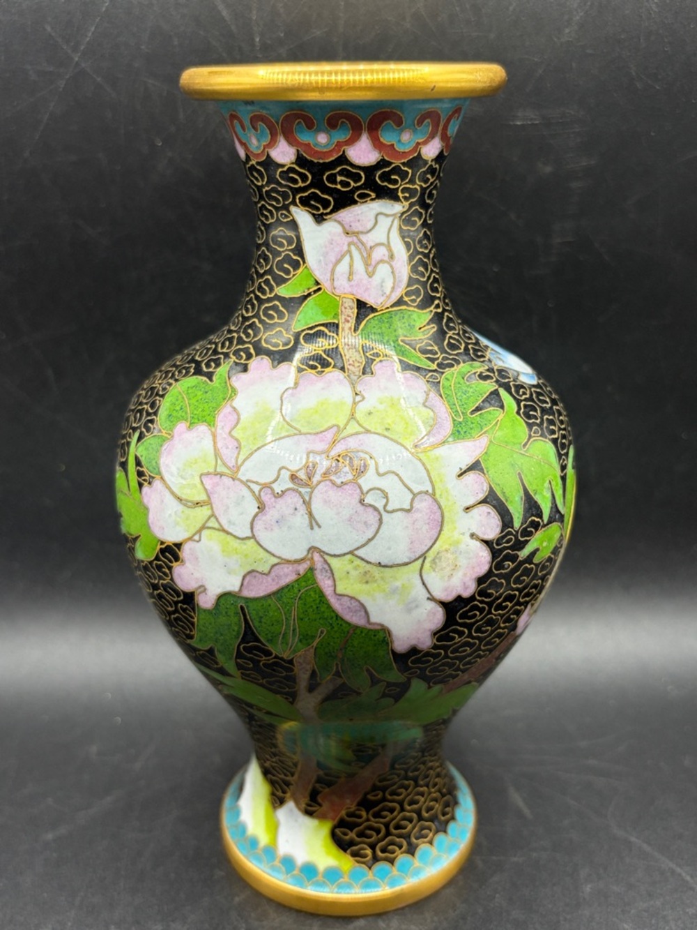 Vintage Floral Bird Black Multicolor Cloisonné Vase Vessel Asian Arts Decor